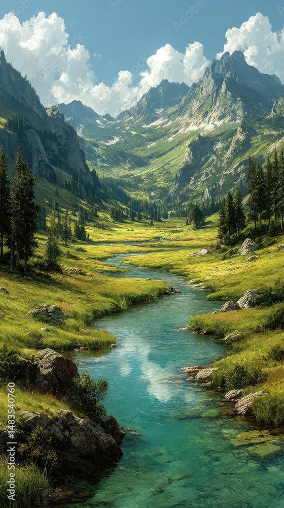 Obraz premium Stunning mountain valley with a clear river winding through lush greens under a bright blue sky