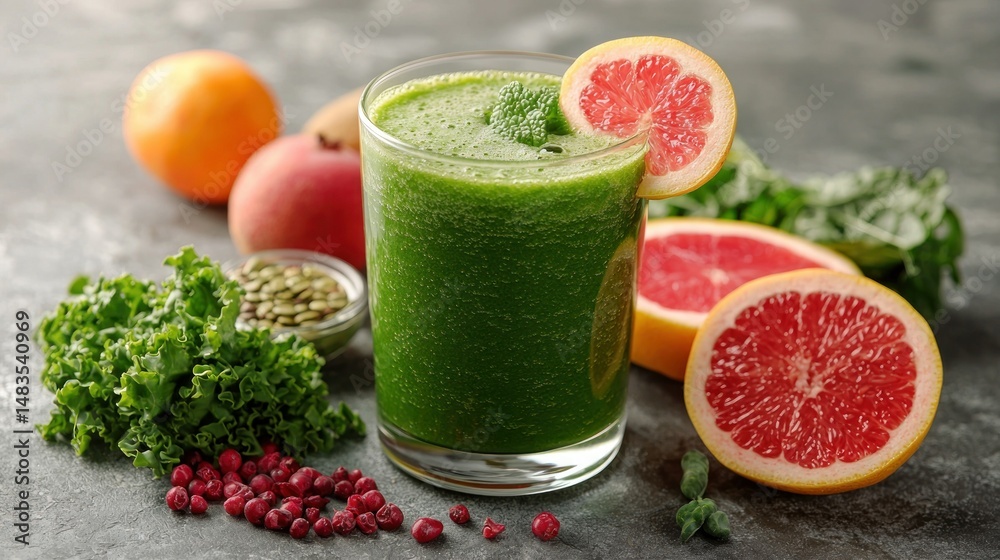 Vibrant green smoothie surrounded by fresh fruits and greens Vibrant green smoothie surrounded by fresh fruits and greens