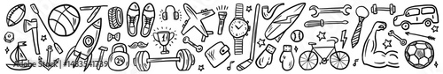 Vector horizontal set of men's items, symbols and accessories, hand drawn in doodle style