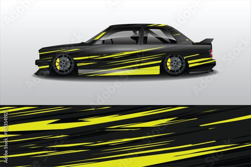 Stylized racing car with dynamic design on display