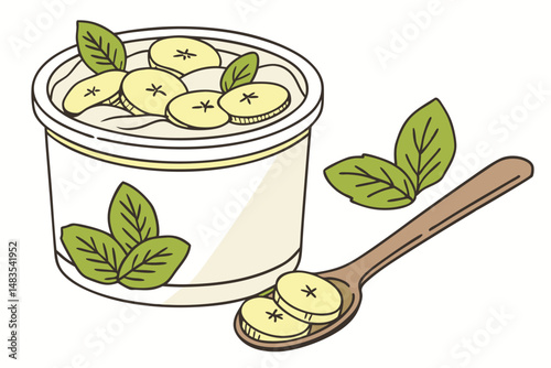 130 tub of creamy yogurt, fresh banana slices, mint leaves, wooden spoon, table, minimalist white background, detailed food illustration, whimsical, vibrant colors, high quality, photorealistic