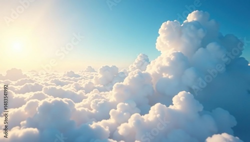 - Fluffy clouds drift across azure Hazy sunlight paints a serene skyscape , serene, clouds