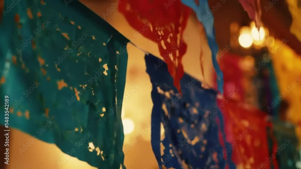 Close up shot of colorful papel picado banners hanging indoors for a festive celebration