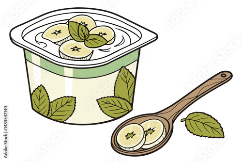 130 tub of creamy yogurt, fresh banana slices, mint leaves, wooden spoon, table, minimalist white background, detailed food illustration, whimsical, vibrant colors, high quality, photorealistic