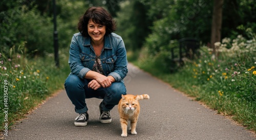 Woman crouching with a cat on a scenic pathway surrounded by greenery