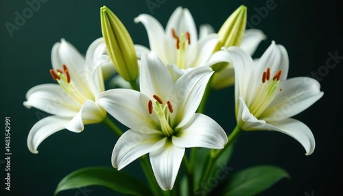 White lilies bouquet, dark green leaves, sophisticated, classy, green, elegant