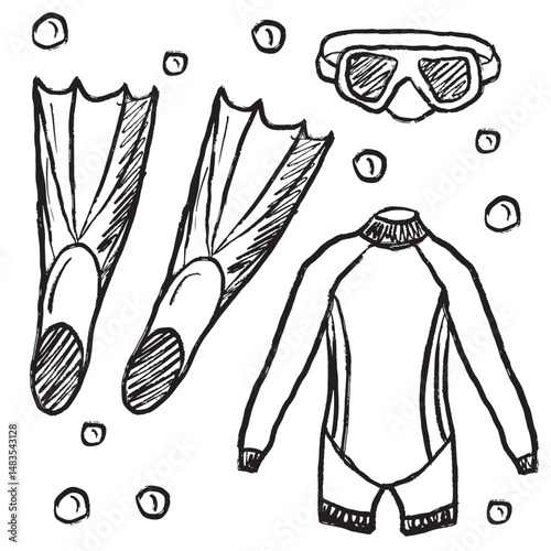 Diving equipment diving suit, swimming mask and pair of flippers in black brush stroke texture isolated on white. Hand drawn vector sketch illustration in vintage charcoal ink. Summer sport.