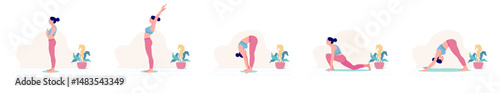 Yoga Workout Set. Young woman practicing Yoga poses. Woman workout fitness, aerobic and exercises.