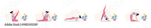 Yoga Workout Set. Young woman practicing Yoga poses. Woman workout fitness, aerobic and exercises.