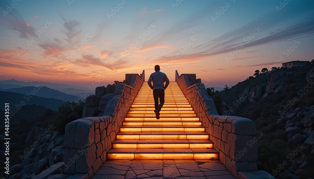 Fototapeta premium Ascending Towards Success: A Man Walks Up Illuminated Steps at Sunset Over Majestic Mountains