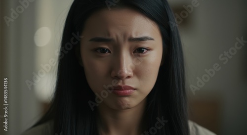 Emotional close-up of a young woman expressing sadness in a softly lit room