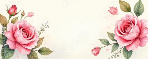 Delicate watercolor roses and leaves on soft cream, pastel, elegant