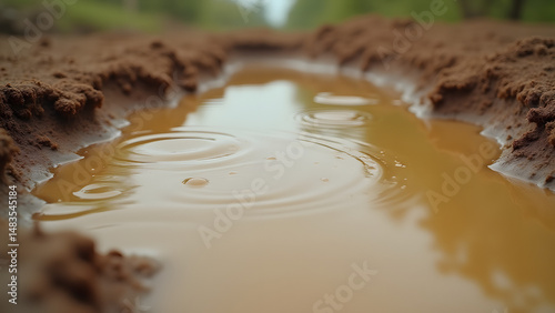 Muddy puddle on marl soil, detailed water-earth interaction, weather effects.