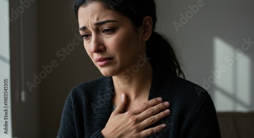 Woman in a sweater expressing emotional distress while sitting indoors