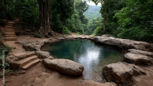 clear jungle pool beneath arching tree roots