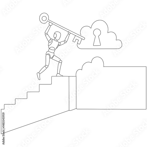 Robot Climbing Stairs Holding Key Towards Cloud Keyhole