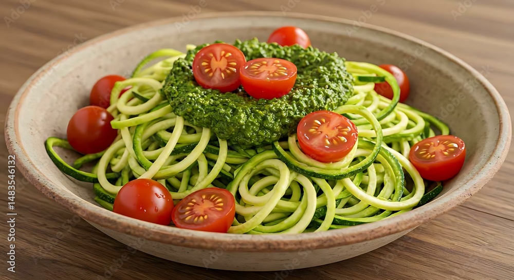 Zoodles (zucchini noodles) topped with pesto sauce and cherry tomatoes, served in a shallow dish Zoodles (zucchini noodles) topped with pesto sauce and cherry tomatoes, served in a shallow dish