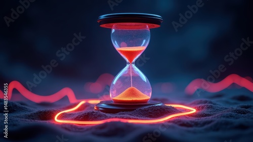 Hourglass Time Lapse: Sand Flowing in Neon Lit Timer - Deadline, Urgency Concept