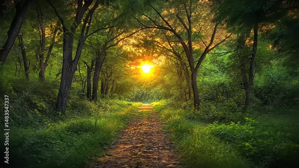 A sun-drenched path winds through a lush green forest, the trees forming a natural archway overhead