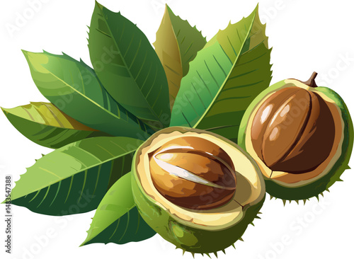A watercolor depiction of a Mockernut Hickory (Carya tomentosa), featuring its large nuts and serrate leaflets, isolated on a white background.