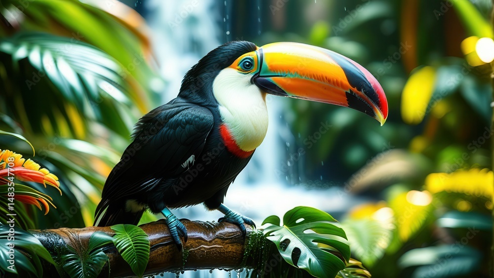 Obraz premium Vibrant Toucan Perched on a Branch Surrounded by Lush Green Foliage in a Tropical Rainforest Setting with a Soft Waterfall Background
