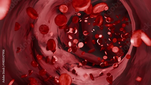 Human vein or artery with human blood cells. Hemoglobin, blood flow, corpuscle, blood plasma, arteries, healthcare and medicine. 3D animation