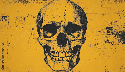 Grungy skull with darkened eye sockets on yellowed, weathered background. Sinister & eerie with crack on top