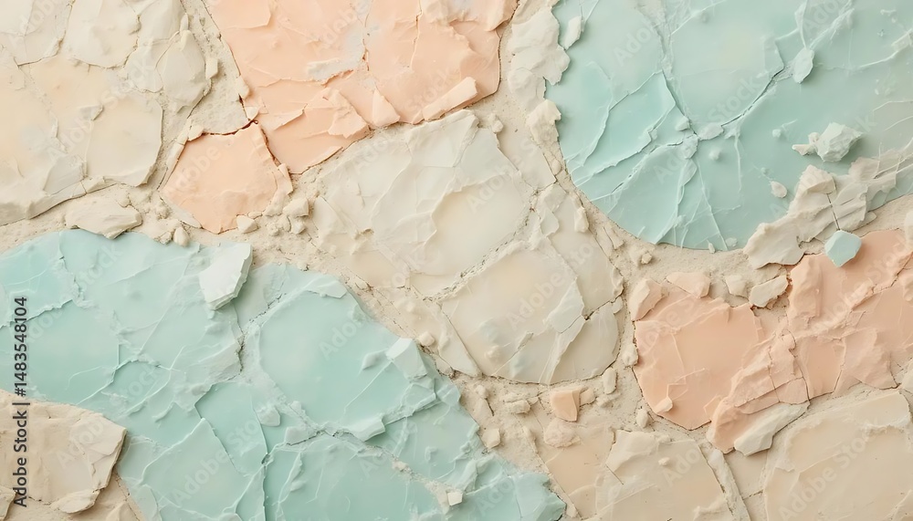 Fototapeta premium Detailed close up view of a cracked pastel rock wall with beige, light blue, and peach colored stones creating a visually compelling and textured surface pattern