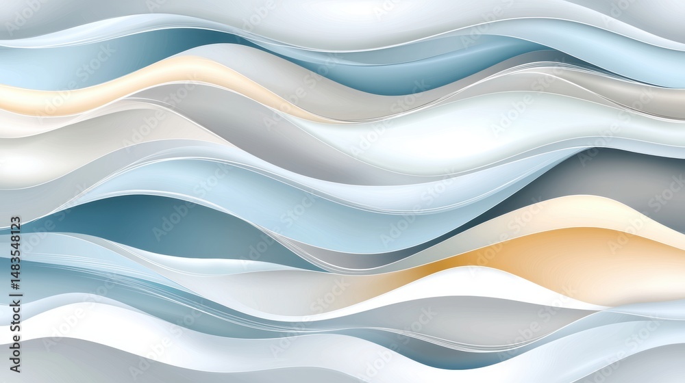 Fototapeta premium A digital illustration of abstract wave patterns in various shades of blue, gray, and white.