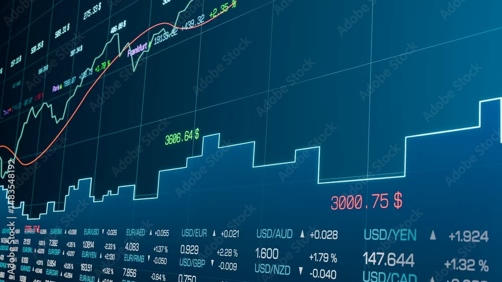 Abstract stock market data and chart, stock trading, analyzing. Investment, risk, volatility, chance, price. 3D animation