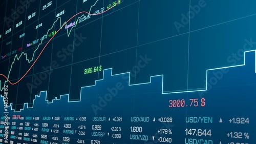 Abstract stock market data and chart, stock trading, analyzing. Investment, risk, volatility, chance, price. 3D animation