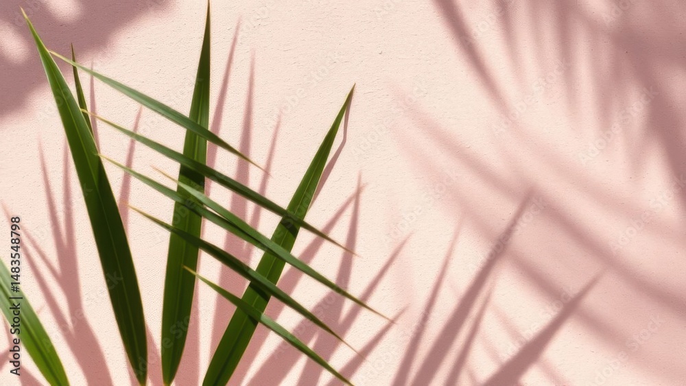 Fototapeta premium Palm leaf shadows on rose wall, soft summer background