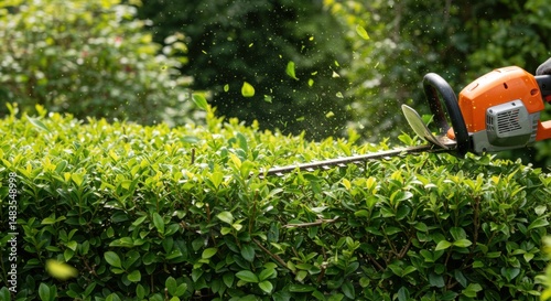 Hedge trimmer cutting bush representing garden maintenance and landscaping with flying green leaves