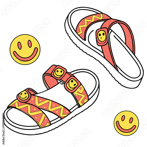 Cartoon Kids Sandals with Smiley Faces Fun Summer Vector Set