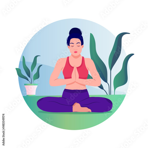 Woman doing yoga vector flat illustration on nature background