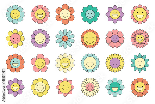 Funny happy daisy with eyes and smile. Isolated vector illustration. Hippie 60s, 70s style.