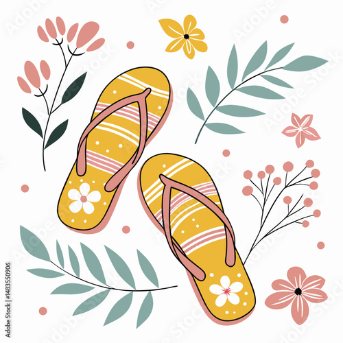 Retro Flip Flops and Floral Summer Vector Set Clean Scalable Illustration