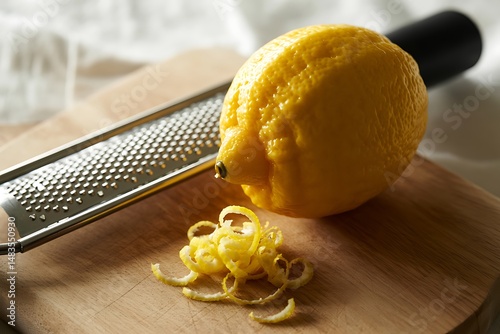 Zesting a lemon on a wooden board using a grater photo