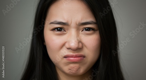 Close-up portrait of a young woman expressing disgust against a neutral background