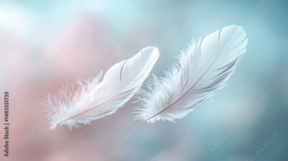 Naklejka premium Delicate white feathers floating gently in soft pastel hues.