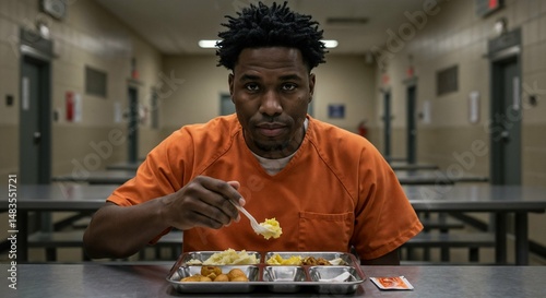 Inmate eating prison food from metal tray in jail cafeteria