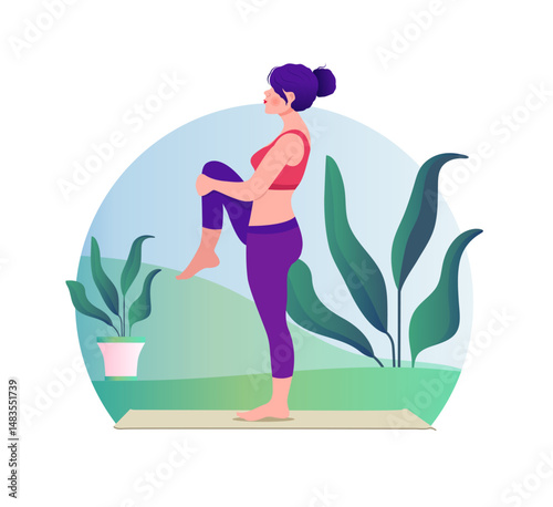 Woman doing yoga vector flat illustration on nature background
