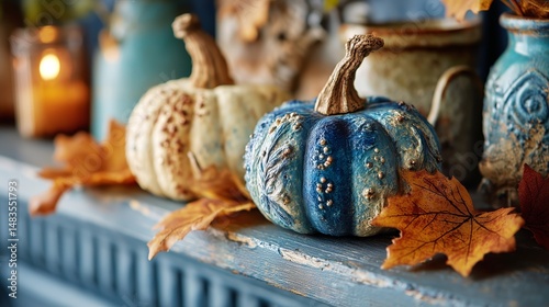 Colorful Decorative Pumpkins With Autumn Leaves on a Rustic Shelf During Fall...