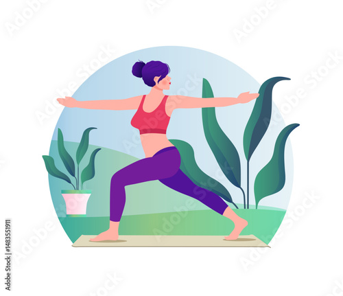 Woman doing yoga vector flat illustration on nature background