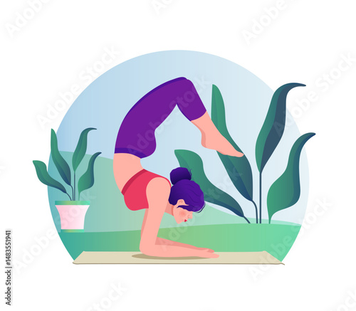 Woman doing yoga vector flat illustration on nature background