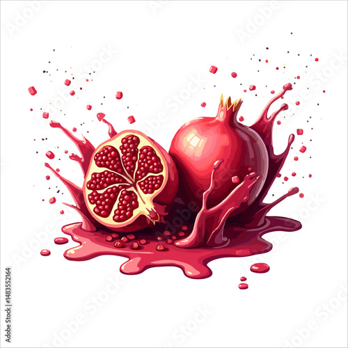 Vector design of sliced pomegranate, 
garnet juice splashes, drops isolated 
on transparent background. Drawing for paper, 
fruit juice, ice cream, yogurt,
lemonade label, sweet water, food packaging.