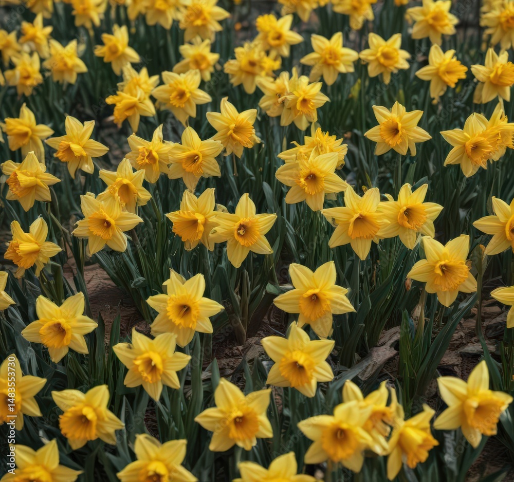 Obraz premium Dense cluster of daffodils, vibrant yellow hues, growth, outdoor