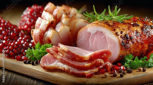 Sliced Cured Meats Arranged on a Wooden Board With Pomegranate and Herbs