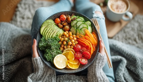 Fresh and Colorful Salad Bowl Held by Individual in Cozy Setting With Coffee ...
