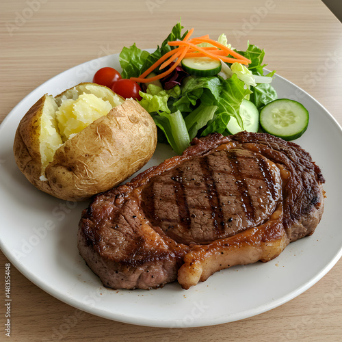 Grilled Ribeye Steak Dinner: Baked Potato & Salad